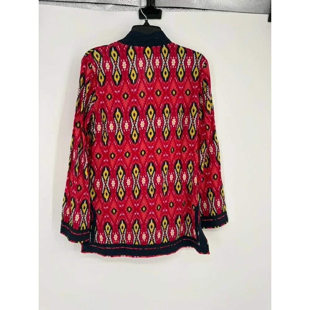 Tory Burch Tunic Women 6 Red Ikat Print V-Neck Long‎ Sleeve Side Slits Cotton